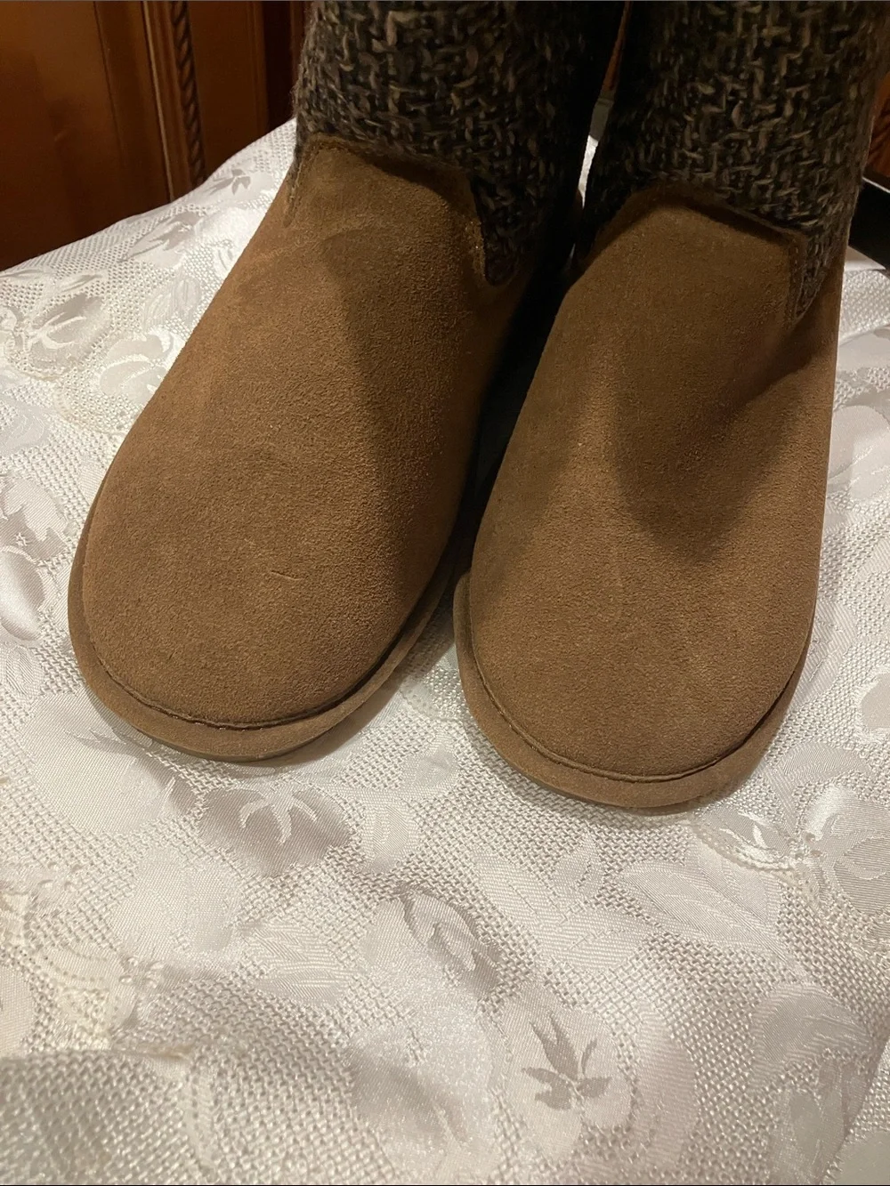 BearPaw Tan Suede and Charcoal Knit Winter Boots
